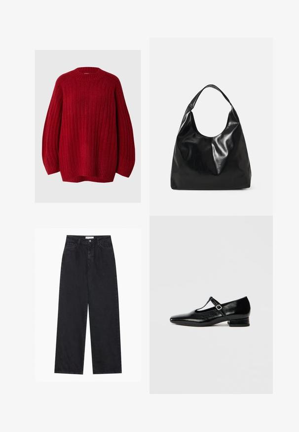 Pull rouge à côtes avec un col rond, des manches tombantes et une coupe décontractée. Fabriqué en tissu texturé avec une apparence chaude et douce.; Jeans en denim noirs taille haute à jambes larges avec fermeture à bouton et zip à l'avant, passants de ceinture et style à cinq poches.; Chaussures Mary Jane en cuir noir avec bout pointu, petit talon carré et bride ajustable avec une boucle argentée. Texture lisse et brillante.; Sac hobo en cuir noir avec une texture douce et brillante et un haut ouvert arrondi. Dispose d'une large sangle courbée pour le transport. Pas de matériel visible.