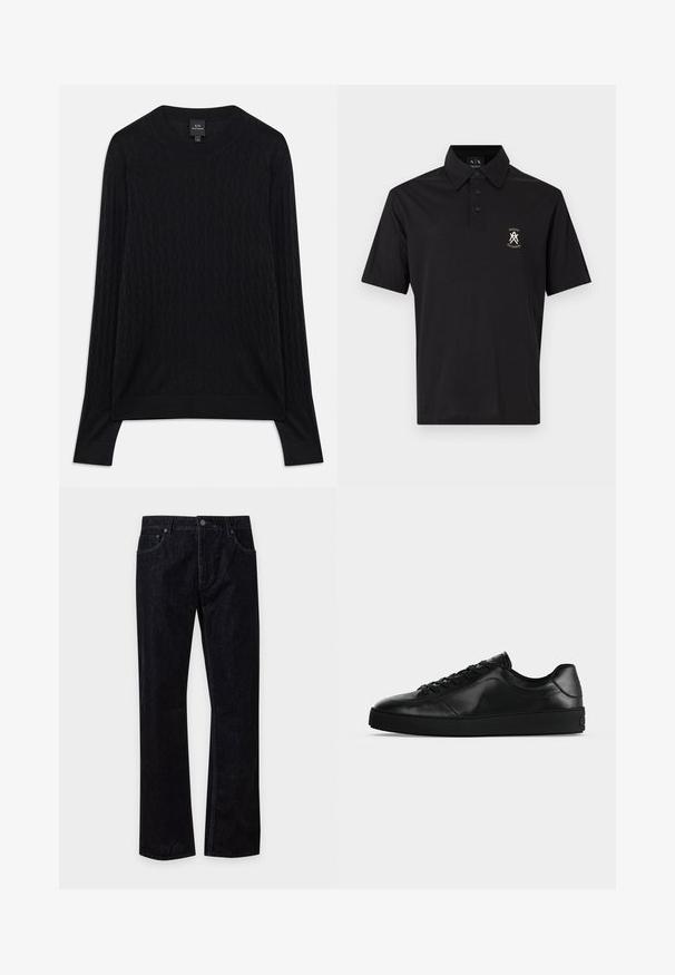 Pull en tricot noir avec un motif en chevrons, col rond et poignets côtelés. Texture douce et coupe décontractée. Manches longues avec des fentes sur les côtés.; Polo noir à manches courtes avec trois boutons et petit logo blanc Armani Exchange sur la poitrine gauche.; Jean en denim noir à jambes droites, fermeture avant par bouton et zip, deux poches avant et passants pour ceinture sur fond uni.; Sneaker noir en cuir à profil bas avec lacets sur le devant et semelle plate texturée, montré de profil sur un fond neutre.