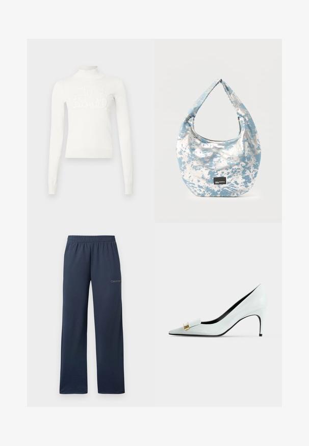 Pull à col roulé long à manches blanches. Présente un col et des poignets côtelés avec un design de texte brodé en relief indiquant "Juste". Matériau en tricot doux.; Pantalon de jogging large bleu marine avec taille élastique et petit logo Calvin Klein sur la partie supérieure de la cuisse gauche.; Escarpin blanc en cuir à bout pointu avec boucle décorative dorée et talon fin sur un fond clair uni.; Sac d'épaule en tissu tie-dye bleu et blanc avec une forme incurvée et un patch logo noir Karl Lagerfeld Jeans sur le devant.