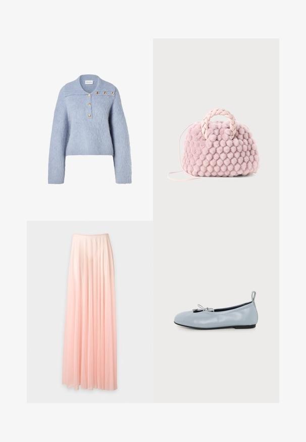Pull en maille duveteuse bleu clair avec un col polo, doté de quatre boutons dorés sur la patte de boutonnage et d'une silhouette carrée.; Jupe longue plissée en chiffon rose pâle avec une taille élastique, présentée sur un fond blanc uni.; Ballerine plate en cuir bleu clair avec un petit nœud sur le dessus, bout arrondi, semelle noire et languette au talon.; Sac à main en pompon rose texturé avec une poignée tressée et une fine sangle. Forme ronde, surface douce, design compact.