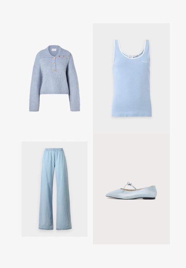 Pull en maille duveteuse bleu clair avec un col polo, doté de quatre boutons dorés sur la patte de boutonnage et d'une silhouette carrée.; Débardeur côtelé bleu clair avec bordure blanche autour du col et des manches, avec un petit logo "Stine Goya" sur la poitrine.; Pantalon bleu clair à jambes larges avec taille élastique et poches devant, présenté sur un fond blanc uni.; Chaussure plate bleu clair à bout pointu avec une fine sangle nouée sur le dessus et un petit talon noir.