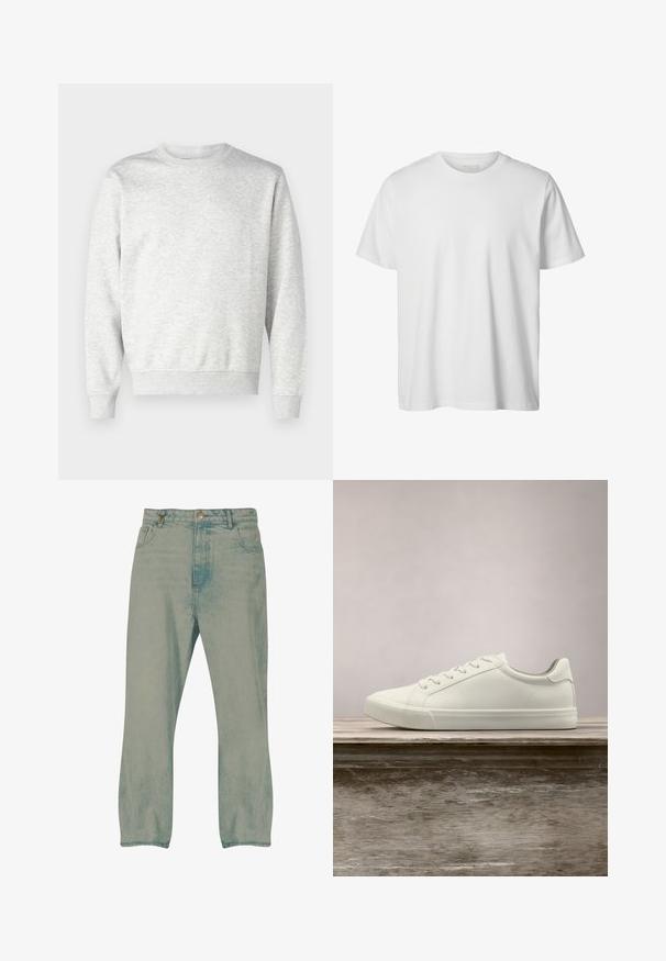 Sweatshirt gris en tissu doux. Présente un col rond, des manches longues, des poignets côtelés et un ourlet côtelé. Design simple et sans ornement.; T-shirt blanc uni à manches courtes, col rond, coupe décontractée, sans logos ni motifs visibles à l'avant.; Jean droit bleu clair avec bouton à l'avant, passants pour ceinture et poches avant, présenté sur un fond blanc.; Sneaker en dentelle blanche flottant au-dessus d'un banc en bois avec un feuillage vert en arrière-plan, mettant en valeur le design et la texture de la chaussure.