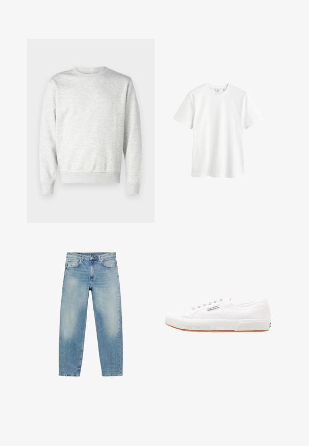 Sweatshirt gris en tissu doux. Présente un col rond, des manches longues, des poignets côtelés et un ourlet côtelé. Design simple et sans ornement.; T-shirt en coton blanc avec un col rond, des manches courtes et une coupe décontractée. Texture lisse sans motifs ni accents visibles.; Jean droit en denim bleu avec poches avant et passants de ceinture, présentant des détails légèrement décolorés sur les cuisses et les genoux.; Baskets en toile blanches avec une semelle en caoutchouc, design à lacets et une petite étiquette logo sur le côté. Tige blanche texturée et semelle extérieure marron.