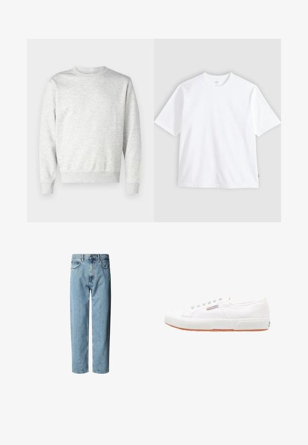 Sweatshirt gris en tissu doux. Présente un col rond, des manches longues, des poignets côtelés et un ourlet côtelé. Design simple et sans ornement.; T-shirt blanc à manches courtes en coton, doté d'un col rond et d'une coupe droite. Étiquette visible sur l'ourlet latéral inférieur.; Jean en denim bleu clair avec une coupe décontractée, présentant une taille haute, des surpiqûres contrastées et un léger effet usé sur le devant.; Baskets en toile blanches avec une semelle en caoutchouc, design à lacets et une petite étiquette logo sur le côté. Tige blanche texturée et semelle extérieure marron.