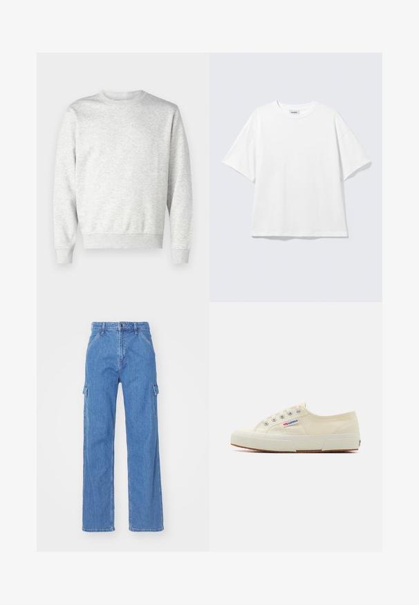 Sweatshirt gris en tissu doux. Présente un col rond, des manches longues, des poignets côtelés et un ourlet côtelé. Design simple et sans ornement.; T-shirt blanc oversize à manches courtes, col rond, épaules tombantes, posé à plat sur fond gris clair.; Pantalons cargo en denim bleu clair avec une coupe droite, dotés de poches latérales et d'une fermeture par bouton à la taille.; Baskets en toile beige au design épuré, œillets en métal et semelle en caoutchouc. Présente un motif texturé et un détail de logo sur le côté.