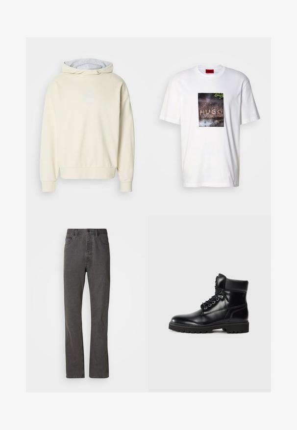 Haut à capuche couleur crème avec une texture douce, présentant une doublure intérieure grise, des épaules tombantes et un logo subtil sur la poitrine.; T-shirt blanc en coton avec une impression graphique rectangulaire portant le texte « HUGO » sur une surface texturée et sombre, entourée de verdure.; Jeans en denim gris avec une coupe droite, dotés de poches avant, d'une fermeture à bouton et d'une texture subtile.; Bottine en cuir noir avec une finition brillante, design à lacets, col rembourré et semelle en caoutchouc robuste avec des grips de traction.
