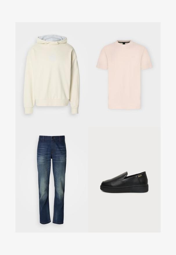 Haut à capuche couleur crème avec une texture douce, présentant une doublure intérieure grise, des épaules tombantes et un logo subtil sur la poitrine.; T-shirt beige clair à manches courtes et col rond avec un logo embossé subtil sur la poitrine et une étiquette noire à l'intérieur du col.; Jean en denim bleu foncé avec une coupe droite, présentant un délavage à l'avant, une braguette à boutons et un design classique à cinq poches.; Chaussure noire en cuir à enfiler avec semelle épaisse et petits trous de ventilation latéraux, avec un logo doré "HUGO" près du talon.