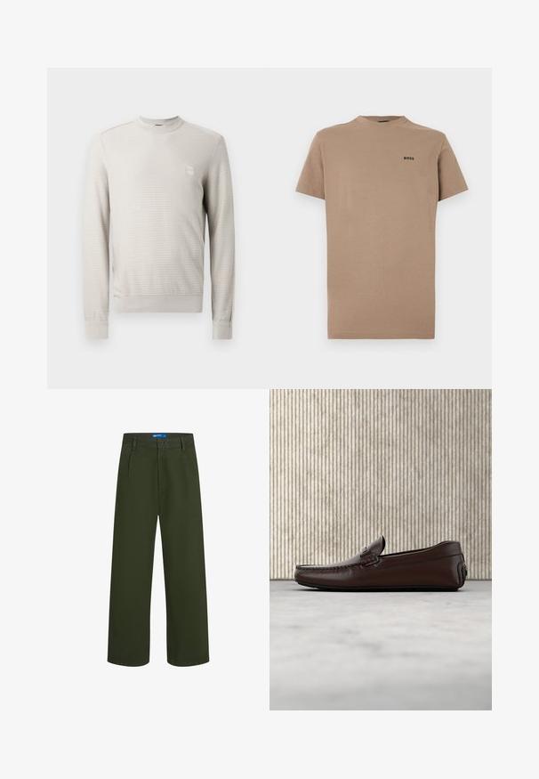 Pull beige clair à motif texturé, col rond et poignets côtelés. Présente un petit patch logo sur la poitrine.; T-shirt beige à manches courtes en coton doux, doté d'un col rond et d'un discret logo noir "BOSS" sur la poitrine gauche.; Pantalons larges vert olive en tissu léger, dotés d'une fermeture à bouton, de passants de ceinture et de deux poches latérales.; Mocassins en cuir marron avec une finition lisse, des coutures de style mocassin, un bout rehaussé et une semelle en caoutchouc basse et flexible.