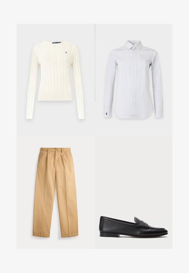 Pull en tricot blanc avec motif en cable, manches longues, col rond et ourlet côtelé. Présente un petit logo bleu marine sur la poitrine.; Chemise blanche à manches longues boutonnée avec fines rayures verticales bleu marine, col pointu et logo brodé de joueur de polo bleu marine sur le poignet gauche.; Pantalon beige à jambes droites avec fermeture par bouton et zip, poches avant, passants pour ceinture et plis marqués le long des jambes.; Mocassin en cuir noir avec une finition texturée, doté d'une sangle décorative et d'un talon plat. Design épuré et minimal avec un bout arrondi.