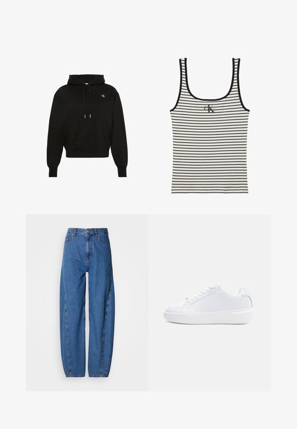 Sudadera con capucha negra de manga larga con cordones, puños acanalados, bajo acanalado y pequeño logo blanco "cK" en el lado izquierdo del pecho.; Camiseta sin mangas blanca con rayas horizontales negras, ribete negro y un pequeño logo negro "ck Calvin Klein" centrado cerca del escote.; Vaqueros azul denim de corte holgado, con cintura alta, dos bolsillos delanteros y diseño de pierna recta. Detalles de costura a lo largo de las costuras.; Zapatilla blanca de corte bajo con cierre de cordones, suela gruesa y parte superior lisa, mostrada desde el lado exterior sobre un fondo claro y sencillo.