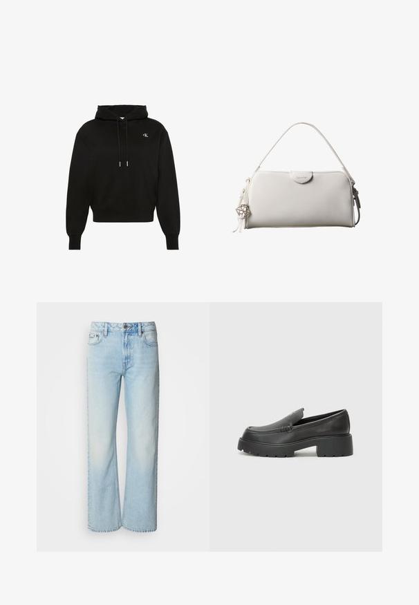 Sort hættetrøje med lange ærmer, snøre, ribstrikkede manchetter, ribstrikket kant og lille hvidt "cK"-logo på venstre bryst.; Lyseblå brede jeans lavet af denim med et klassisk fem-lomme design og en subtil falmet tekstur. Denim-syninger er synlige.; Sorte læder loafers med rund tå, tyk tekstureret sål og minimale syninger. Elegant design uden synlige snørebånd eller hardware.; Hvid rektangulær Calvin Klein håndtaske med enkelt håndtag, minimalistisk design og dekorative kvaster med geometrisk metalvedhæng på siden.