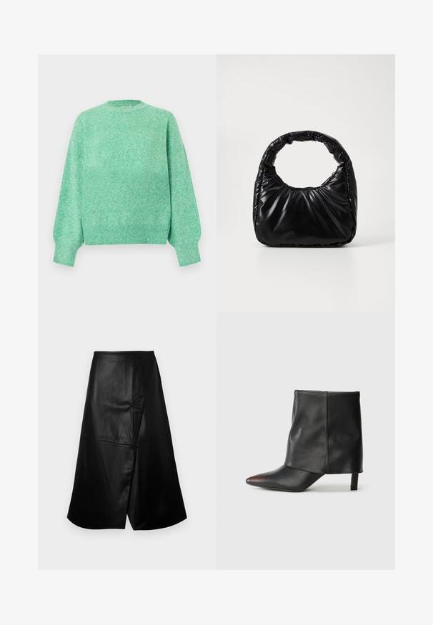 Pull en maille vert menthe doux avec manches longues bouffantes, poignets côtelés, encolure ronde et ourlet côtelé.; Jupe midi en simili cuir noir avec une silhouette évasée en A et un détail asymétrique superposé à l'avant sur fond blanc.; Bottine noire en cuir lisse avec un bout pointu et un talon effilé. La tige présente un design légèrement froncé.; Sac à main noir rembourré avec une poignée arrondie, présentant une surface lisse et brillante ainsi qu'une texture douce et matelassée. Pas de quincaillerie ou d'accents visibles.