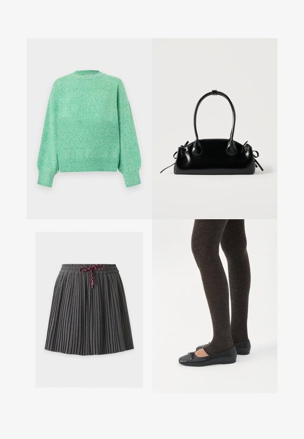 Pull en maille vert menthe doux avec manches longues bouffantes, poignets côtelés, encolure ronde et ourlet côtelé.; Jupe plissée gris foncé avec une taille élastique et un cordon bordeaux noué au centre devant.; Jambes portant des leggings côtelés foncés associés à des ballerines noires avec de petits détails en nœud sur fond blanc.; Petit sac à main noir brillant avec deux longues anses et des détails à cordon sur les côtés sur un fond clair uni.