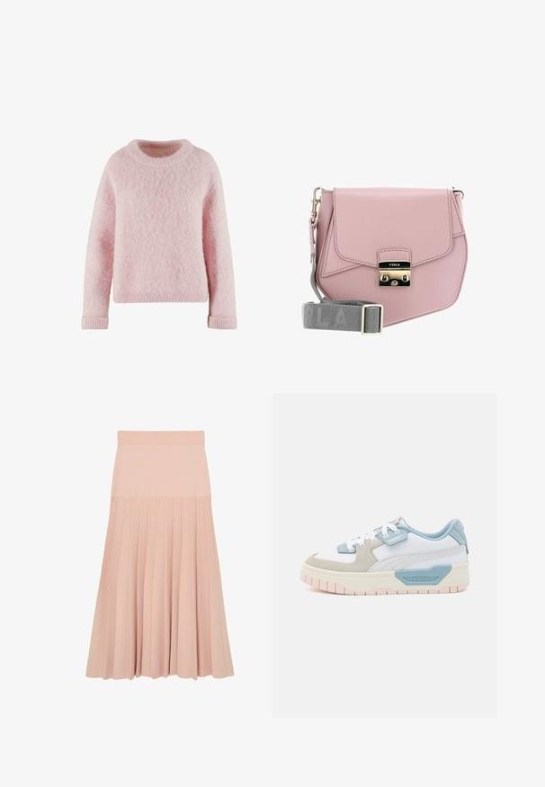Pull léger rose en matière douce et duveteuse. Présente un col rond et des poignets côtelés. Design simple et confortable sans motifs.; Jupe midi rose clair avec une ceinture ajustée et un design plissé s'étendant de la moitié de la hanche jusqu'à l'ourlet.; Baskets avec une tige en cuir blanc, des accents bleu clair, des panneaux en suède beige et une semelle en caoutchouc rose texturée ; logo brodé sur le côté.; Sac à bandoulière en cuir rose avec un rabat, quincaillerie argentée, et une bandoulière grise arborant le nom de la marque. Texture lisse, design minimaliste.
