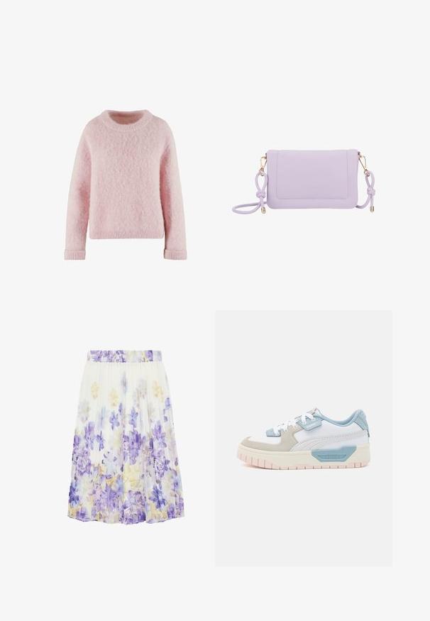 Suéter rosa claro hecho de material suave y esponjoso. Presenta un cuello redondo y puños acanalados. Diseño simple y acogedor sin patrones.; Falda blanca plisada con un patrón floral en tonos morados, azules y amarillo pálido, con una cintura elástica.; Zapatillas con una parte superior de cuero blanco, acentos en azul claro, paneles de ante beige y una suela de goma texturizada en rosa; logo bordado en el costado.; Bolso de hombro cruzado de piel sintética morada con herrajes dorados, bolsillo frontal y detalle de tira anudada. Texture suave y forma rectangular.