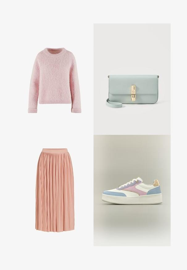 Pull léger rose en matière douce et duveteuse. Présente un col rond et des poignets côtelés. Design simple et confortable sans motifs.; Jupe midi plissée rose clair avec une large ceinture, en tissu léger, présentée sur fond blanc.; Baskets à plateforme blanches avec des panneaux en bleu pastel, rose et lavande, lacets blancs, et détail métallique doré au talon sur fond uni.; Pochette en cuir bleu clair avec fermoir rectangulaire doré et sangle de poignet amovible sur fond blanc.