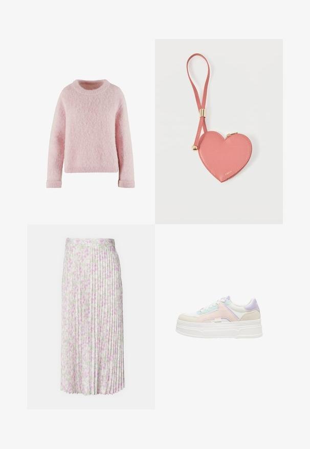 Suéter rosa claro hecho de material suave y esponjoso. Presenta un cuello redondo y puños acanalados. Diseño simple y acogedor sin patrones.; Falda midi con plisados hecha de una tela ligera, con un patrón floral en tonos rosa pálido y verde, y una cinturilla que proporciona un ajuste ceñido.; Zapatilla de plataforma baja con base blanca, superposiciones de tela en rosa pastel, púrpura y azul claro, y cordones blancos.; Monedero de cuero rosa en forma de corazón con correa para la muñeca y cremallera dorada, con la marca "Furla" en pequeño texto dorado.
