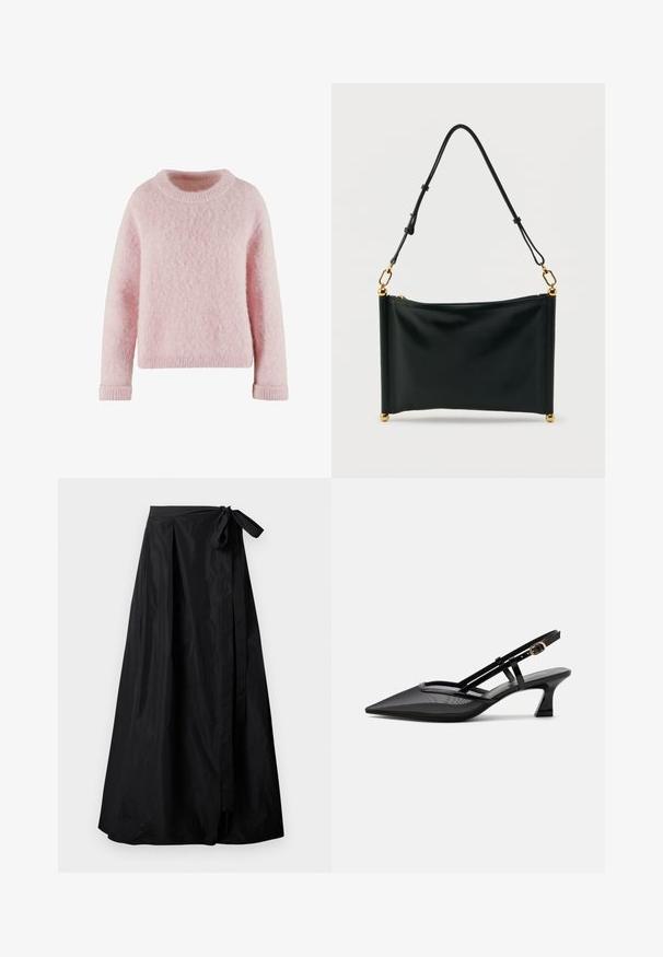 Suéter rosa claro hecho de material suave y esponjoso. Presenta un cuello redondo y puños acanalados. Diseño simple y acogedor sin patrones.; Falda larga negra envolvente con delantero plisado y lazo anudado en la cintura, hecha de tela suave y ligera.; Zapato slingback negro con punta afilada, parte superior de malla, tiras delgadas, hebilla dorada y tacón bajo curvado sobre fondo blanco.; Bolso rectangular de cuero negro con correa ajustable, herrajes dorados y cierre de cremallera, colocado en posición vertical sobre un fondo blanco.