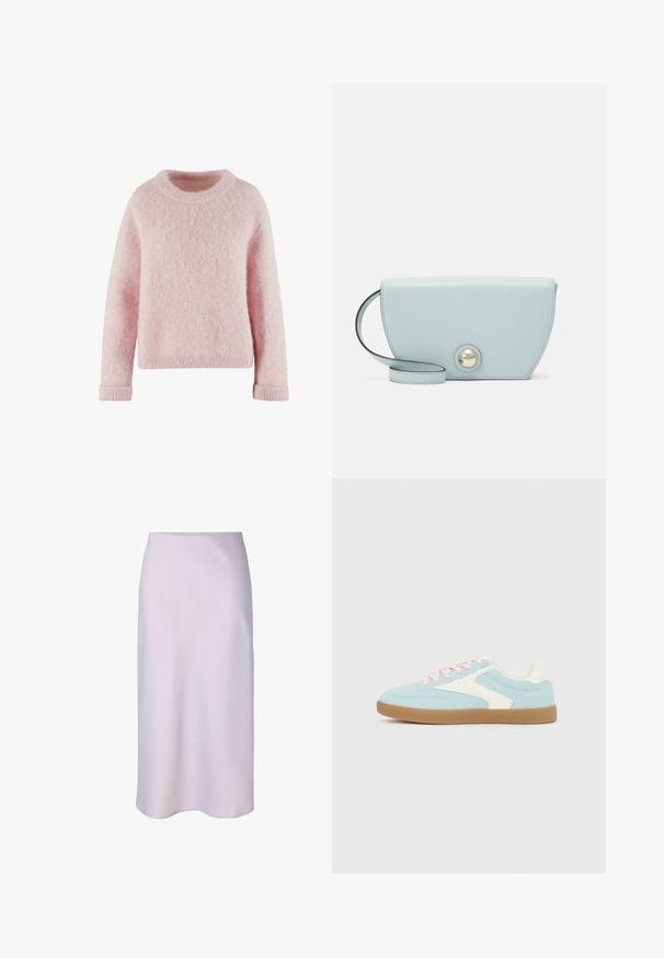 Pull léger rose en matière douce et duveteuse. Présente un col rond et des poignets côtelés. Design simple et confortable sans motifs.; Jupe midi violet clair avec une coupe droite et une texture lisse, conçue pour une coupe élégante et sans couture.; Baskets bleu clair et blanches avec des lacets roses et une semelle en caoutchouc marron, vue de profil sur un fond gris clair uni.; Sac à main en cuir bleu clair en forme de demi-lune, avec un bouton rond doré décoratif et une fine bandoulière. Texture lisse, design minimaliste.