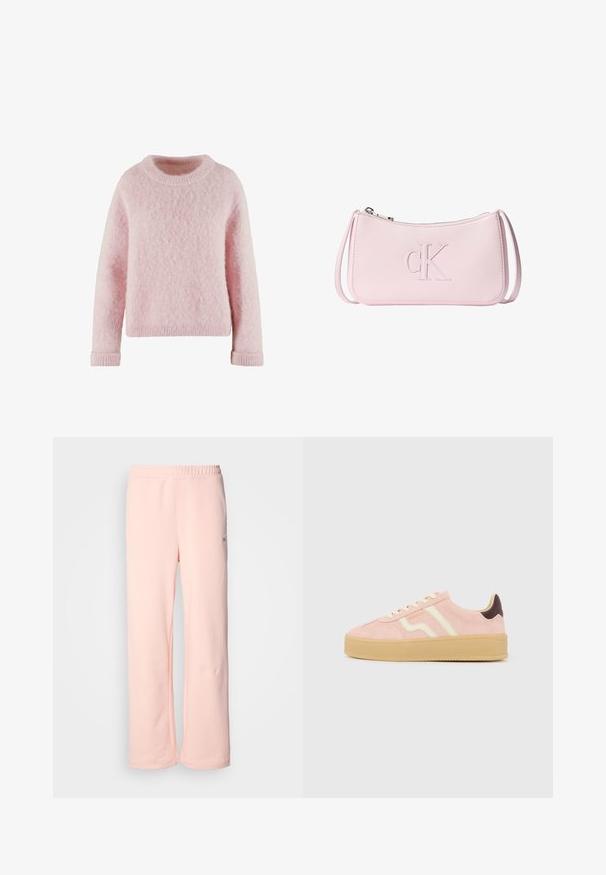 Suéter rosa claro hecho de material suave y esponjoso. Presenta un cuello redondo y puños acanalados. Diseño simple y acogedor sin patrones.; Pantalones de chándal de algodón rosa con un diseño de pierna ancha, cinturilla elástica y detalles de costura mínimos. Presenta una pequeña etiqueta de logo en el costado.; Zapatilla deportiva de ante rosa claro con suela de goma beige, cordones crema, rayas laterales crema, acento en el talón marrón oscuro y logotipo "GANT" en el lateral.; Bolso de muñeca de cuero rosa claro con cierre de cremallera y logo grande "cK" en relieve en el centro frontal.