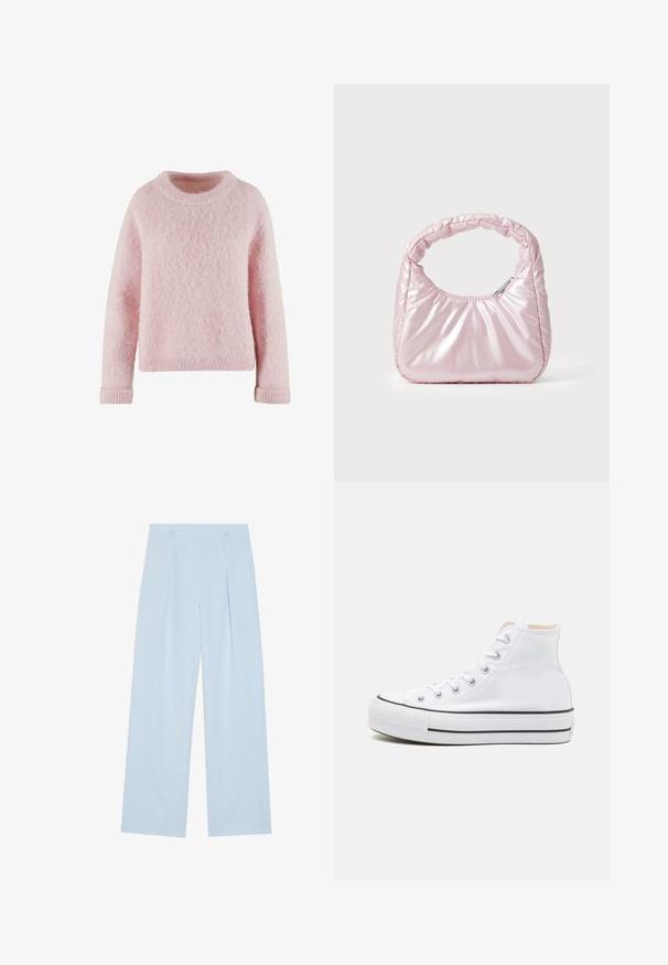 Suéter rosa claro hecho de material suave y esponjoso. Presenta un cuello redondo y puños acanalados. Diseño simple y acogedor sin patrones.; Pantalones de tiro ancho en azul claro con dos pliegues delanteros, dos botones en la cintura y una textura de tela suave.; Zapatillas altas blancas de material de lienzo, con suela de goma negra y una franja negra en el mediopie. Punta circular y diseño de cordones.; Bolso de mano acolchado en color rosa con un diseño redondeado, fabricado en material brillante. Presenta un asa fruncida y un cierre de cremallera para un acceso seguro.