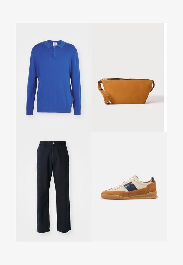 Langærmet blå polo-sweater med krave, tre knaplukninger og ribbede manchetter og kant. Fremstillet af et blødt strikket stof.; Marineblå bomuldsbukser i lige ben-design, med en frontlukning med knap og to sidelommer. Glat tekstur, ingen synlige mønstre.; PS Paul Smith DOVER - Sneakers - cognac/off-white; Lys brun læder crossbody taske med justerbar rem og lynlås, vist mod en ensartet lys baggrund.