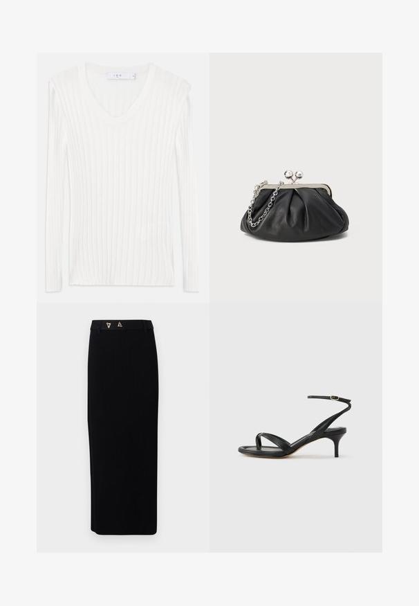Hvid langærmet ribstrikket top med v-hals. Blød tekstur og tætsiddende design. Har subtile lodrette linjer og slidser i siden.; AERON FORUM - Pencil skirt - black; Sort damesandal i læder med tynde remme, en tå-loop, ankelspænde og en mellemhøj stiletthæl på en neutral baggrund.; Sort læder clutch med samlet tekstur, sølvfarvet metalramme, kys-lås lukning og kædestrop. Glat, blød overflade.