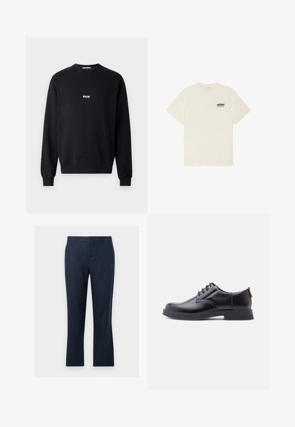Sweatshirt noir en coton mélangé, avec un col rond, des manches longues, des poignets côtelés et un logo MSGM blanc sur la poitrine.; T-shirt écru à manches courtes et col rond avec petit logo vert foncé "prince Les Deux" sur la poitrine gauche.; Pantalon droit bleu marine avec fermeture à bouton, passants pour ceinture et poches latérales, présenté sur un fond clair uni.; Chaussures en cuir noir à lacets avec une texture lisse, un bout arrondi et des détails de couture discrets. Présentent une languette rouge à l'arrière.