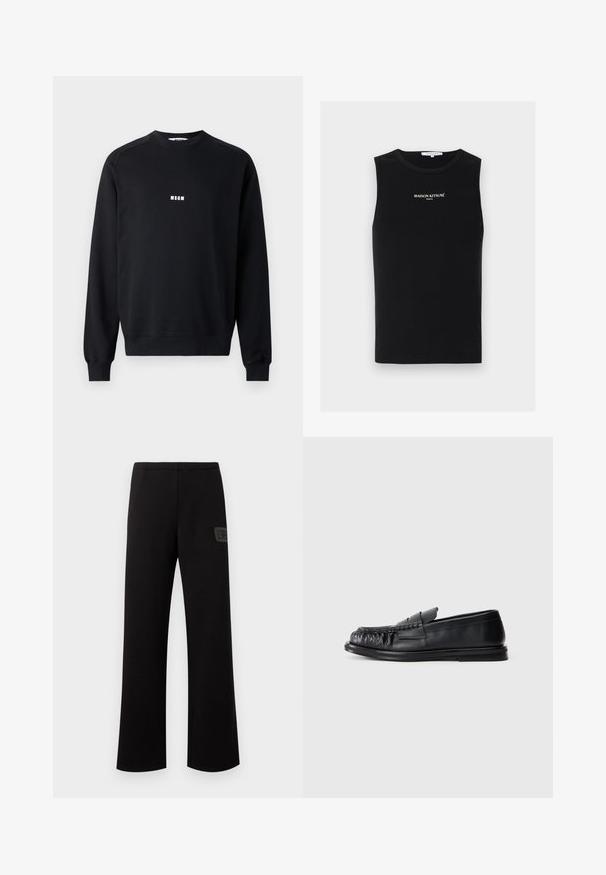 Sweatshirt noir en coton mélangé, avec un col rond, des manches longues, des poignets côtelés et un logo MSGM blanc sur la poitrine.; Débardeur noir côtelé sans manches avec logo blanc "MAISON KITSUNÉ PARIS" centré sur la poitrine, col rond.; Pantalon noir à jambes droites avec ceinture élastique et petit patch logo rectangulaire sur la cuisse droite.; Mocassin en cuir noir avec un bout arrondi et froncé, et une semelle plate sur un fond blanc uni.