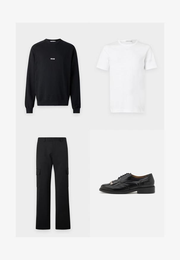 Sweatshirt noir en coton mélangé, avec un col rond, des manches longues, des poignets côtelés et un logo MSGM blanc sur la poitrine.; T-shirt blanc uni à manches courtes et col rond, avec une étiquette "Tiger of Sweden" à l'intérieur du col, présenté sur un fond blanc.; Pantalon cargo noir à jambes droites avec poches à rabat latérales et passants de ceinture sur fond blanc uni.; Chaussure oxford en cuir noir avec des détails en brogue, design à lacets, finition brillante et talon bas. Présente un accent décoratif avec un gland.