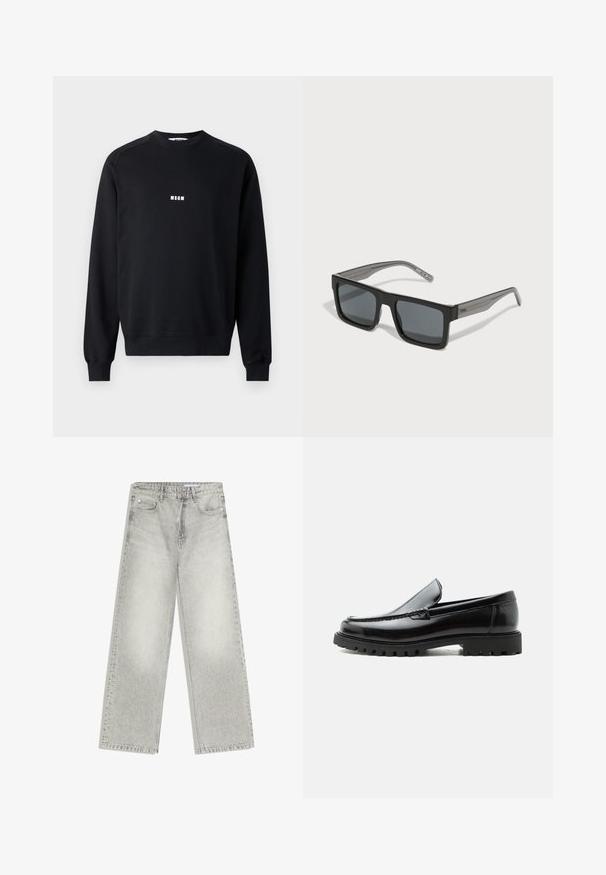 Sweatshirt noir en coton mélangé, avec un col rond, des manches longues, des poignets côtelés et un logo MSGM blanc sur la poitrine.; Jean droit gris clair à jambes larges avec une finition délavée. Comprend cinq poches et des passants pour ceinture. Fabriqué en coton solide et texturé.; Mocassin en cuir noir avec semelle en caoutchouc épaisse, dessus cousu et nom de marque embossé sur le talon, présenté de profil sur fond blanc.; HUGO Lunettes de soleil - black