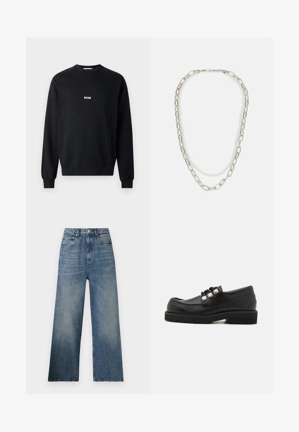 Sweatshirt noir en coton mélangé, avec un col rond, des manches longues, des poignets côtelés et un logo MSGM blanc sur la poitrine.; Jean large en denim bleu à taille haute, avec une légère décoloration, cinq poches et une fermeture à bouton en métal à l'avant.; Mocassins en cuir noir avec un bout arrondi, présentant trois accents métalliques et une semelle texturée pour une meilleure adhérence. Tige lisse et détails cousus.; Collier en chaîne argentée présentant deux brins : l'un en métal lié et l'autre en perles blanches, mettant en avant un design texturé et superposé.