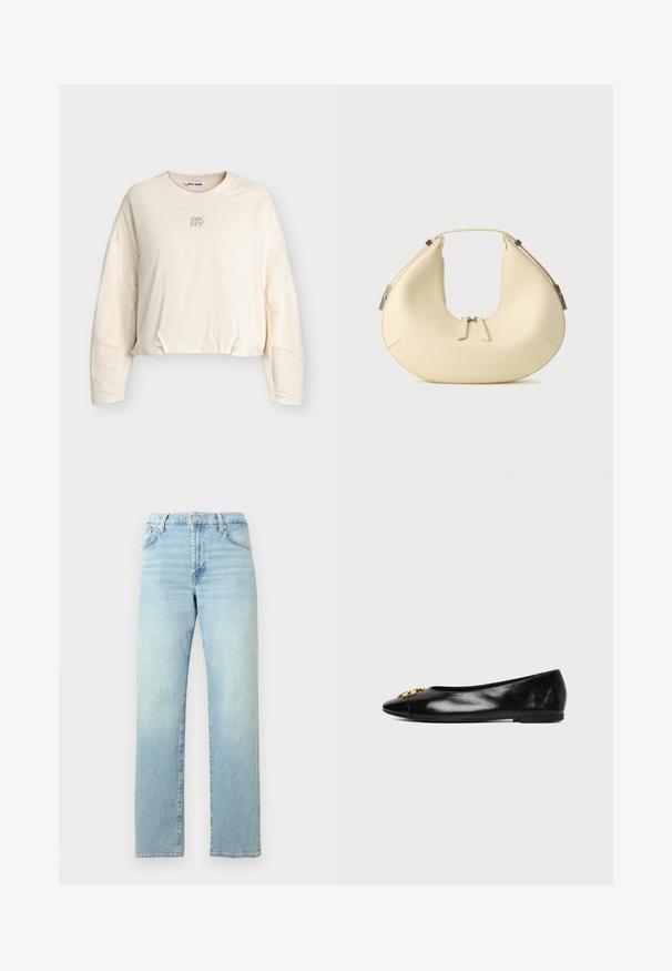 Sweat-shirt court à manches longues couleur blanc cassé, col rond et petit logo DKNY argenté centré sous l'encolure.; Jean en denim bleu clair avec une coupe droite, doté d'une fermeture par bouton, de passants pour ceinture et de détails délavés sur le tissu.; Chaussure plate en cuir noir avec un bout pointu et un emblème décoratif doré sur fond blanc uni.; Sac à main beige en forme de croissant avec fermeture à double fermeture éclair et poignée courte, avec des détails en métal argenté sur les côtés.
