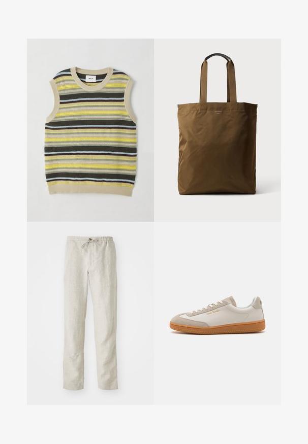 Haut sans manches en tricot avec des rayures horizontales jaunes, vertes, brunes et bleues. Encolure ronde avec une bordure en côte beige. Tissu texturé.; Pantalons en lin beige clair avec une coupe droite, une taille élastique, un cordon de serrage ajustable et sans motifs ni accessoires visibles.; Baskets basses blanches et beiges avec semelle en caoutchouc, lacets blancs, détails en daim et logo doré "Paul Smith" sur le côté.; Sac fourre-tout en tissu marron avec de longues anses marron et un petit logo imprimé près du centre supérieur.