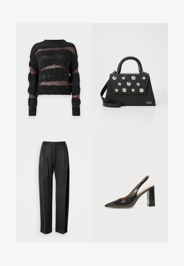 Zwarte cropped sweater met een gestructureerd breiwerk, gekenmerkt door horizontale open weefsels en contrasterende oranje draden. Lange mouwen met geribde manchetten.; Zwarte broek met wijde pijpen van gladde stof, voorzien van plooien aan de voorkant, een ritssluiting en een klassieke tailleband.; Zwarte leren slingback schoen met spits toelopend neusje, hoge blokhak en beige binnenvoering tegen een effen lichte achtergrond.; Zwarte handtas met een gestructureerde vorm, voorzien van een bovenhandvat, schouderriem en decoratieve metalen studs aan de voorkant.