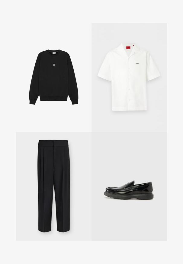 Sweatshirt noir en coton, avec un col rond et des poignets côtelés, portant le texte "II" brodé en blanc sur le devant.; Chemise blanche à manches courtes avec col ouvert, petit logo "HUGO" sur la poitrine et étiquette de marque rouge à l'intérieur du col.; Pantalon noir taille haute à jambes droites avec plis devant et large ceinture, présenté à plat sur fond blanc.; Mocassin en cuir noir avec une finition brillante, bout arrondi, détails de couture subtils et semelle en caoutchouc épaisse pour la durabilité.
