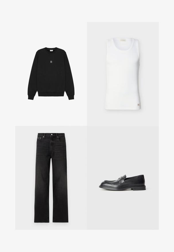 Schwarzer Sweatshirt aus Baumwolle mit Rundhalsausschnitt und gerippten Manschetten, mit dem in Weiß gestickten Text "II" auf der Vorderseite.; Weißes geripptes ärmelloses Tanktop mit rundem Ausschnitt und kleinem Calvin Klein Logoetikett nahe dem Saum vor einfachem Hintergrund.; Schwarze Jeans mit geraden Beinen, fünf Taschen, Gürtelschlaufen und Knopfverschluss, auf weißem Hintergrund dargestellt.; Schwarze Lederloafer mit strukturierter Oberfläche, versehen mit einem dekorativen Frontriemen und einer abgerundeten Spitze. Gummisohle für Langlebigkeit.