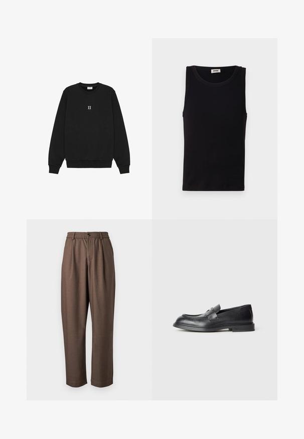 Sweatshirt noir en coton, avec un col rond et des poignets côtelés, portant le texte "II" brodé en blanc sur le devant.; Débardeur noir sans manches en coton doux. Il présente une encolure ronde et une coupe droite, avec des détails de couture minimaux.; Pantalon marron à coupe décontractée, devant plissé, taille élastique, fermeture à bouton. Le tissu a une texture lisse et douce.; Mocassins en cuir noir avec une finition texturée, dotés d'une bride décorative à l'avant et d'un bout arrondi. Semelle en caoutchouc pour plus de durabilité.