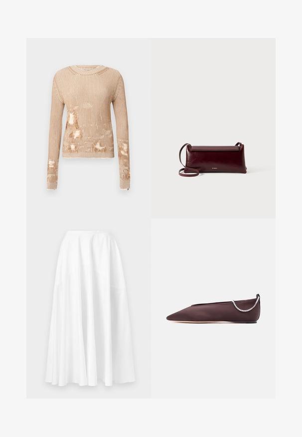 Pull en tricot beige clair avec des rayures verticales, présentant plusieurs zones usées laissant apparaître le tissu intérieur et des poignets effilochés.; Longue jupe blanche à taille haute avec un ourlet large et ample, présentée sur un fond uni.; Chaussure plate marron foncé à bout pointu avec un petit talon et un détail chaîne en strass argentée à l'arrière.; Sac à bandoulière en cuir bordeaux avec une texture lisse, de forme rectangulaire, fermeture à rabat et une fine sangle réglable. Détail du logo doré visible.