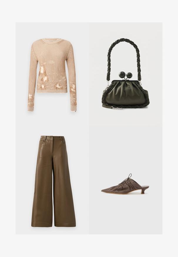Pull en tricot beige clair avec des rayures verticales, présentant plusieurs zones usées laissant apparaître le tissu intérieur et des poignets effilochés.; Pantalons à jambes larges en simili cuir marron lisse. Présentent une taille haute, quatre poches et une fermeture éclair sur le devant. Texture plate et design minimaliste.; Mule en cuir marron avec un bout pointu, texture froncée, petit talon et un accent de cordon de serrage à l'ouverture. Fini lisse.; Sac à main en cuir vert olive avec poignée tressée et ferrures argentées, présentant un design froncé et des détails de fermoirs ronds sur le dessus.
