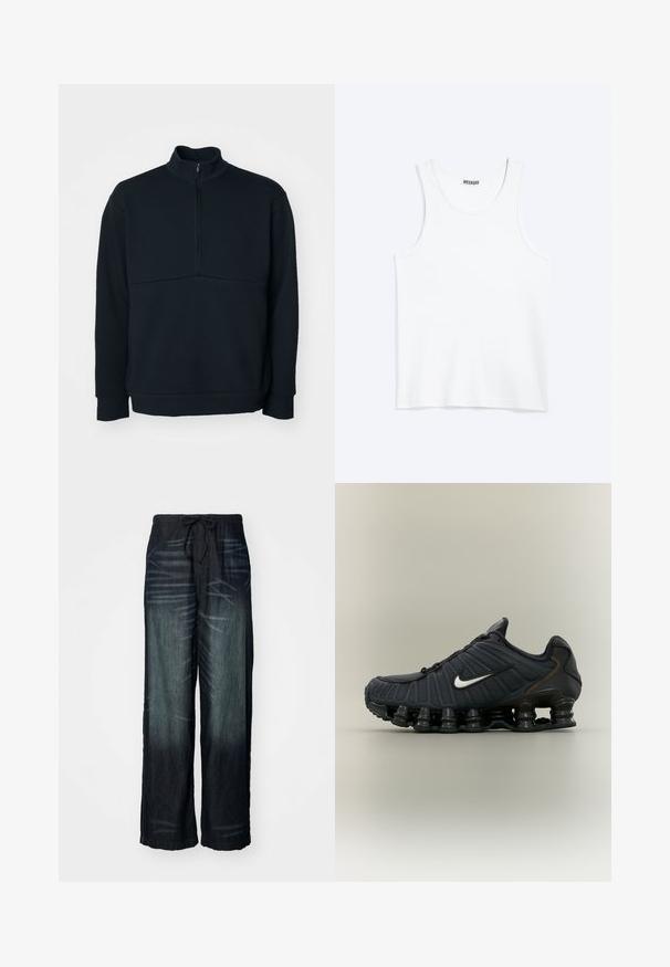 Sweatshirt noir à col montant, fermeture éclair 1/4, manches longues et finition texturée ; possède une couture horizontale au niveau de la poitrine.; Débardeur blanc sans manches avec col rond et étiquette de la marque Weekday à l'intérieur du col arrière, présenté à plat sur un fond clair.; Pantalons larges en denim foncé avec une décoloration graduelle. Dotés d'une taille élastique avec un cordon de serrage. Texture lisse avec des motifs d'usure subtils.; Chaussure de course noire Nike avec logo Swoosh blanc et semelle au design unique rappelant un ressort sur un fond clair uni.