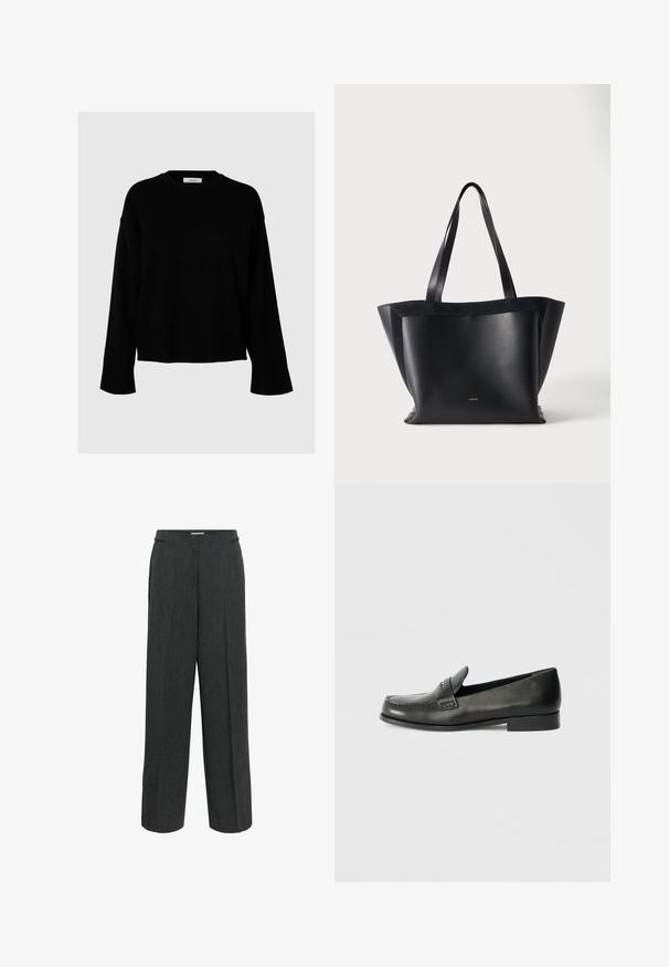Un pull noir avec une coupe ample, des manches longues, un col rond et des poignets côtelés, fabriqué en tissu doux et texturé.; Pantalon habillé gris foncé à jambes larges, devant plat et poches latérales, conçu pour un usage formel ou professionnel.; Mocassins en cuir noir avec un bout arrondi, des détails de couture surélevés et un talon bas empilé. Texture lisse avec un éclat subtil.; Sac cabas en cuir noir avec deux longues poignées, forme rectangulaire, et logo discret en bas au centre sur un fond uni.