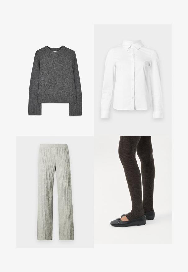 Suéter gris de punto con mangas largas, cuello redondo, puños y dobladillo acanalados. Textura suave con un diseño ligeramente corto.; Camisa blanca de manga larga con botones, cuello puntiagudo, bajo recto y silueta ajustada, presentada sobre un fondo claro y liso.; Pantalones de punto gris claro con patrón de trenzas, piernas rectas y cintura elástica sobre un fondo blanco liso.; Piernas con leggings oscuros acanalados combinados con bailarinas negras que presentan pequeños detalles de lazo sobre un fondo blanco.
