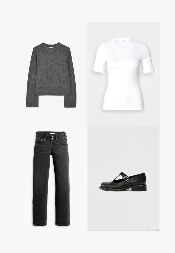 Suéter gris de punto con mangas largas, cuello redondo, puños y dobladillo acanalados. Textura suave con un diseño ligeramente corto.; Camiseta blanca de manga corta hecha de algodón liso, con escote redondo y forma ajustada. Diseño clásico, sin estampados ni adornos.; Jeans negros de pierna recta con bolsillos delanteros y traseros, trabillas para cinturón y cierre de doble botón en la cintura.; Zapato Mary Jane de cuero negro con puntera redonda, diseño de tira en T, hebilla ajustable y tacón bajo apilado. Textura suave con detalles mínimos.