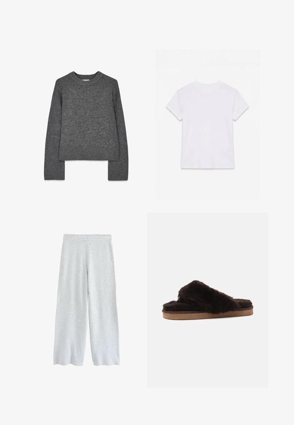 Suéter gris de punto con mangas largas, cuello redondo, puños y dobladillo acanalados. Textura suave con un diseño ligeramente corto.; Camiseta blanca lisa de algodón de manga corta y cuello redondo, colocada plana sobre un fondo blanco.; Pantalones anchos de pierna ancha gris claro con cintura elástica hechos de tejido de punto suave, mostrados sobre un fondo blanco.; Una única pantufla marrón oscuro y peluda con suela marrón mostrada de perfil en un fondo claro y sencillo.