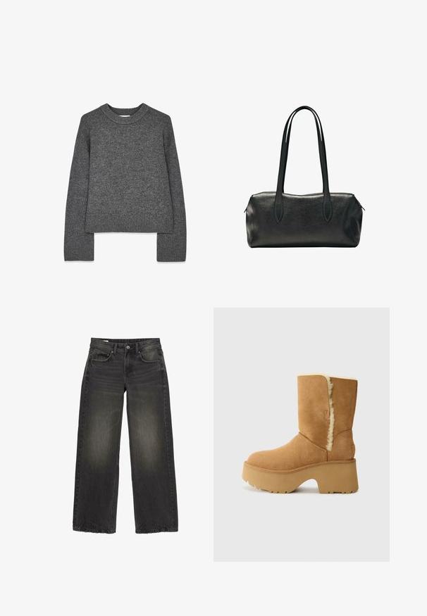 Grå strikket sweater med lange ærmer, rund hals, ribbede manchetter og kant. Blød tekstur med et let cropped design.; Sorte jeans med brede ben, falmede detaljer, knap foran, lynlås og fem lommer lagt fladt på en hvid baggrund.; UGG NEW HEIGHTS CUFF - Vinterstøvler - chestnut; Sort rektangulær læderhåndtaske med to lange skulderstropper og en lynlåslukning øverst.