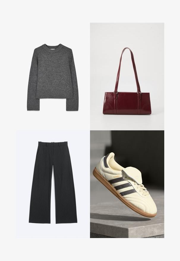 Grijze gebreide trui met lange mouwen, ronde hals, geribbelde manchetten en zoom. Zachte textuur met een iets cropped ontwerp.; Zwarte broek met wijde pijpen en dunne witte krijtstrepen, met riemlussen, voorzakken en een onzichtbare voorsluiting.; Crème leren sneaker met drie donkere strepen, een bruine gumrubberen zool en een ronde neus. Voorzien van een opvouwbare tong met het label "SAMBA."; Bourgondische handtas van glanzend materiaal, rechthoekige vorm, met twee schouderbanden en subtiele gebogen accenten aan de voorkant.