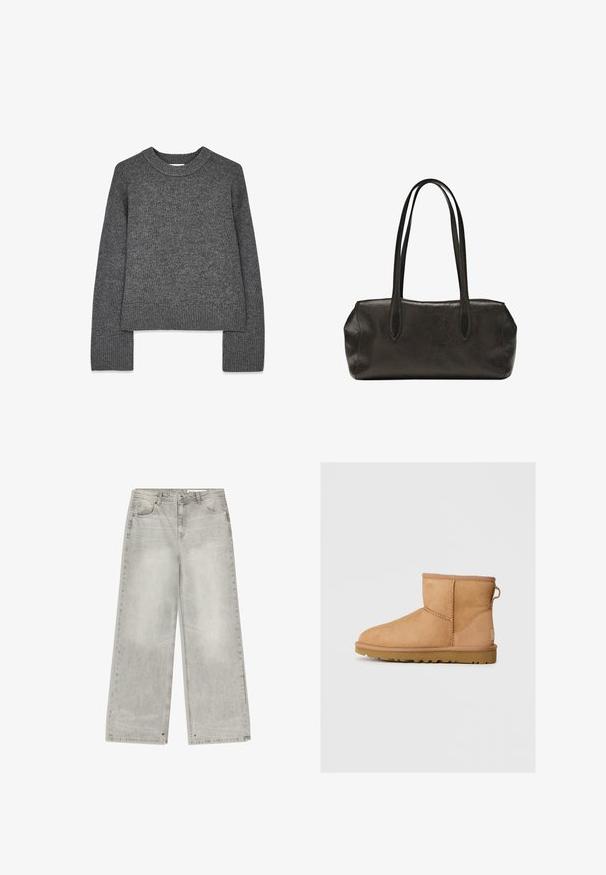 Grå strikket sweater med lange ærmer, rund hals, ribbede manchetter og kant. Blød tekstur med et let cropped design.; Grå denim jeans med brede ben har en falmet finish, fem lommer og metalhardware. Stoffet har en blød tekstur med en ren kant.; Brune suede ankelstøvle med rund tå, stikninger, en pull tab bagpå og en tekstureret gummisål. Designet til komfort og varme.; Sort lædertaske i rektangulær form med lange dobbelte skulderremme og en struktureret overflade, vist mod en ensfarvet hvid baggrund.