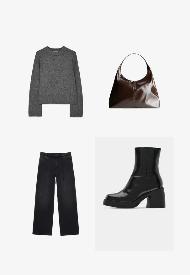 Grijze gebreide trui met lange mouwen, ronde hals, geribbelde manchetten en zoom. Zachte textuur met een iets cropped ontwerp.; Zwarte jeans met wijde pijpen, vijf zakken en een taille met trekkoord, gemaakt van denimmateriaal, plat gelegd op een witte achtergrond.; Zwarte enkellaarzen met een glanzende afwerking, vierkante neus en een dikke blokhak. Het ontwerp heeft een naadloze silhouet en minimale branding.; Bruine leren hobo tas met een afgeronde bovenkant, een gladde textuur en subtiele stikdetails. De schouderband is breed en gebogen voor comfort.