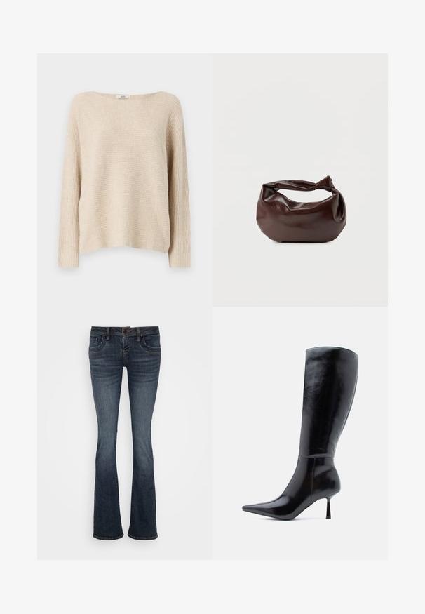 Beige gestrickter Pullover mit lockerer Passform, weitem Bootsausschnitt und gerippten Bündchen. Weiche Textur mit einem dezenten horizontalen Muster.; Dunkelblaue ausgestellte Jeans mit mittelhohem Bund, fünf Taschen und subtilen Stichakzenten. Hergestellt aus Denim mit glatter Textur.; Schwarze kniehohe Stiletto-Stiefel mit glänzender Lederoberfläche, spitzem Zeh und schlankem, konisch zulaufendem Absatz, die eine glatte Oberfläche und ein elegantes Design aufweisen.; Dunkelbraune Lederschultertasche mit weicher, lockerer Form und einem gedrehten Knotengriff vor schlichtem weißem Hintergrund.